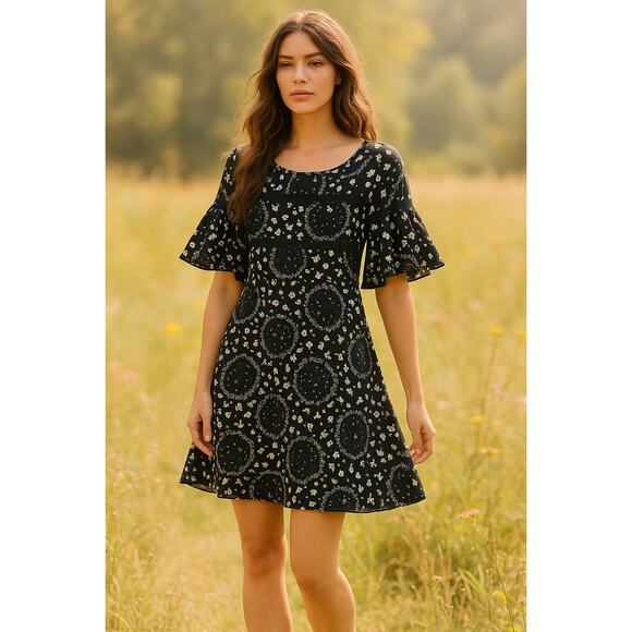 Free People Geo Garden Dress Sz 8 Black White Floral Print Boho Cottagecore SZ 8 - Picture 1 of 13